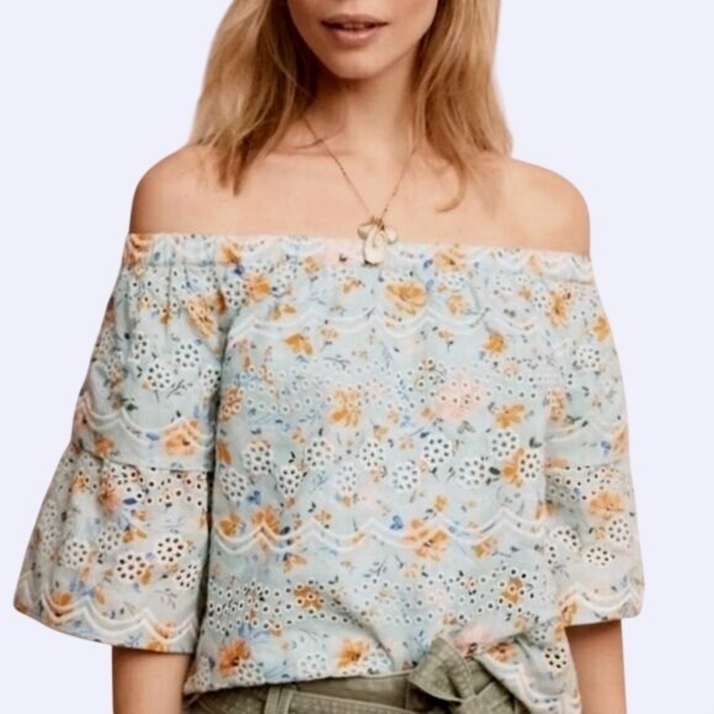EUC LAIA Ashtabula Floral Embroidered Off Shoulder Ruffle Sleeve Blouse Top SZ S